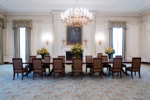 The White House state dining room features a new rug, draperies and chairs, June 26, 2015, in Washington, D.C. (photo by Allison Shelley for The White House Historical Association)