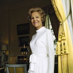 vogue, october 15, 1972 portrait of pat nixon nee thelma catherine patricia ryan first lady of the united states and wife of president richard milhous nixon, standing in the yellow oval room of the white house next to a yellow curtain held back by large tassels she wears a white dress with long sleeves, a standing collar, and a tie belted waist horst p horstconde nast via getty images